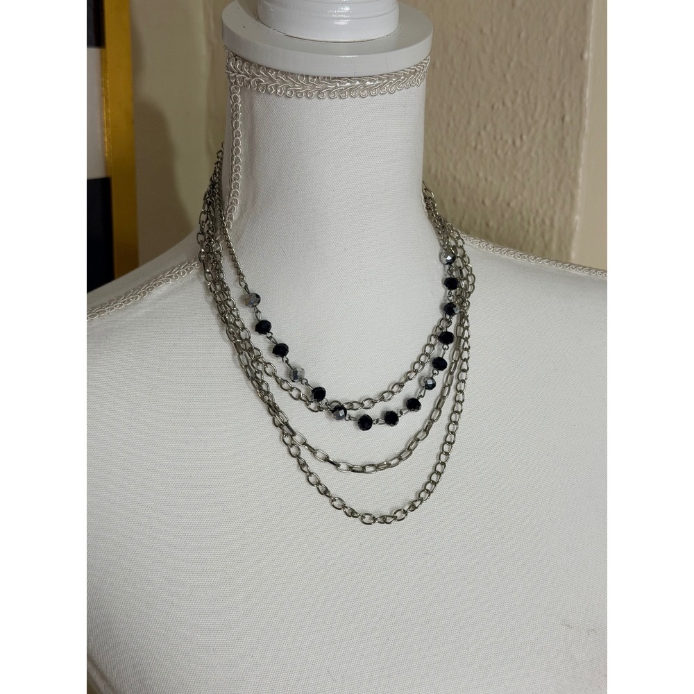 Silver Tone Layered Multi Strand Chain Necklace with Black Faceted Beads